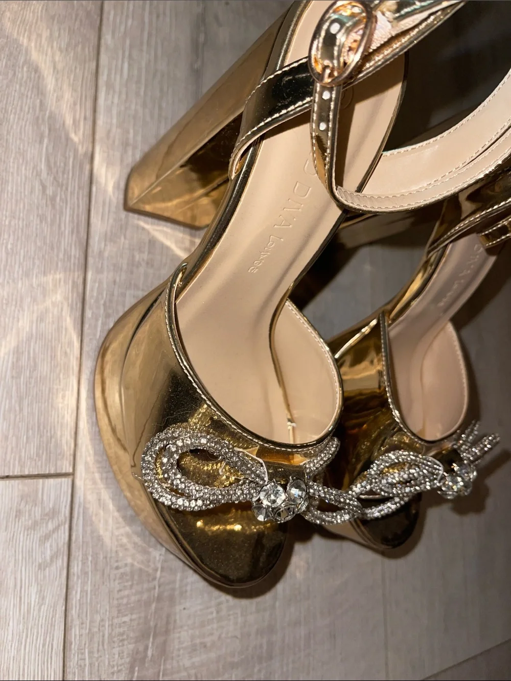 Gold Embellished Platform Heels - Women's Ankle Strap never worn! Size 6